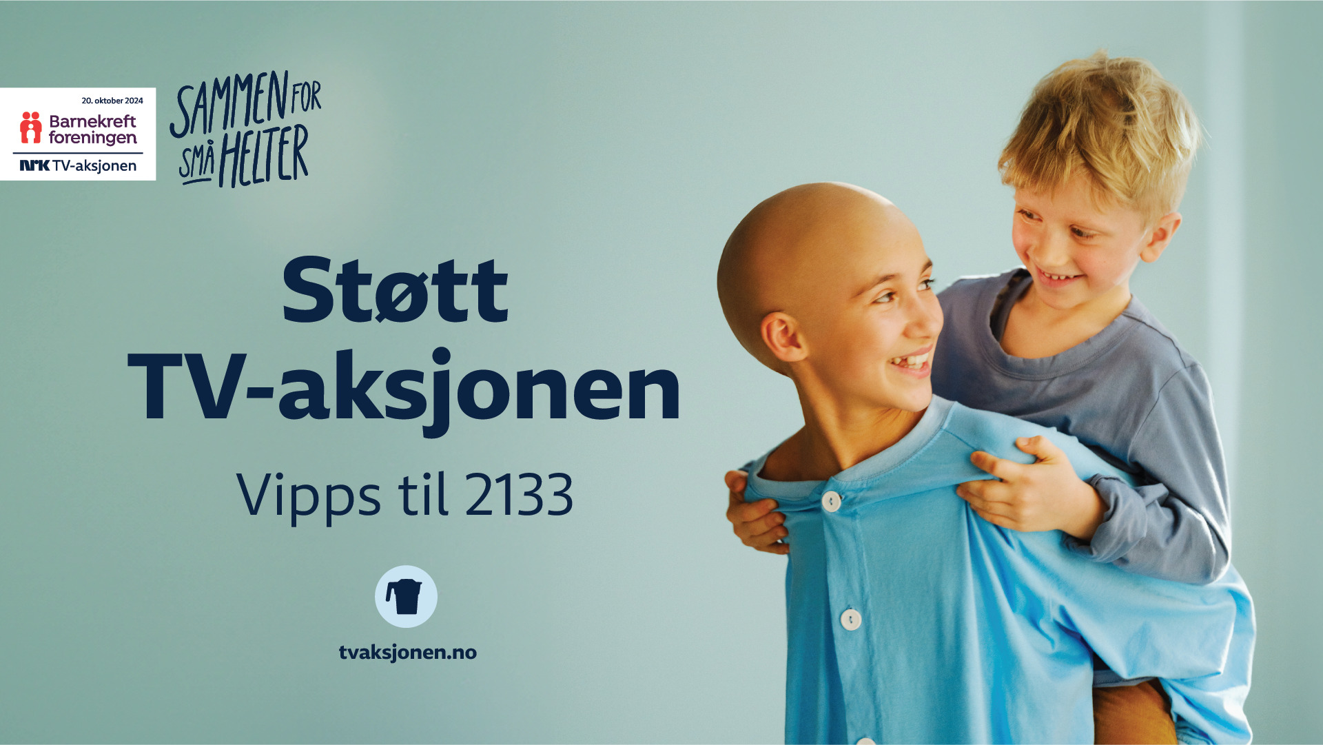 Plakaten for TV-aksjonen 2024, med bilde av et barn i tenårene uten hår, som bærer en mindre gutt på ryggen.