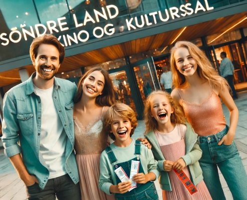 KI generert bilde av en familie på 4 utenfor en fiktiv kino