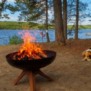 KI-generert bilde, basert på et foto av Anna Sanden, som viser en hund ved ei bålpanne på Trevatn.